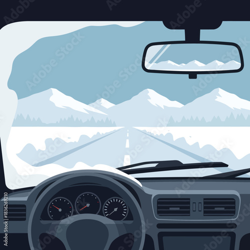 View from the driver seat inside a car on a winter day.