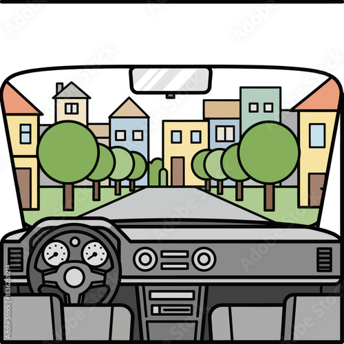 View from inside a car driving through a town with houses and trees.