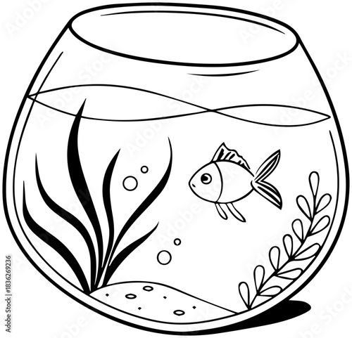 Fishbowl Line Drawing – Pet Aquarium Scene