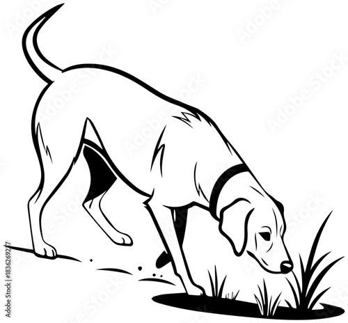 Curious Dog Sniffing – Line Art Pose