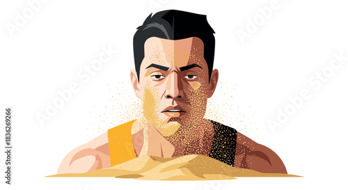 Athlete emerging from sand with intense expression vector illustration for sports and fitness design