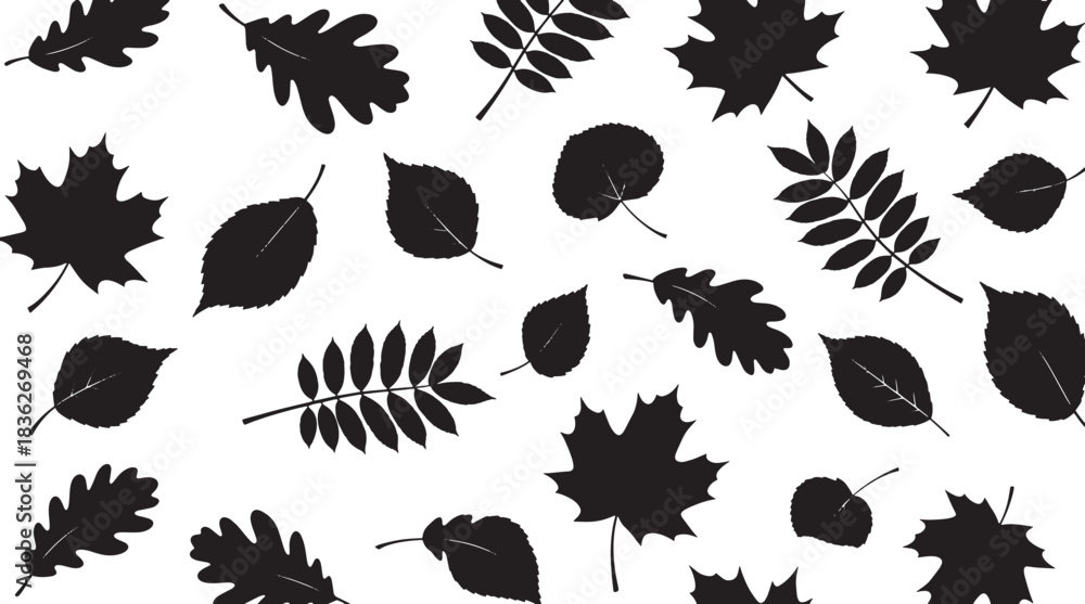 Obraz premium Silhouetted Leaves in Pattern: A collection of various leaf silhouettes arranged against a simple background, offering a visually appealing texture and intricate patterns.