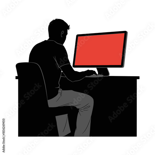 Minimalist illustration of a person using a laptop with a bright red screen on a dark background 100 char