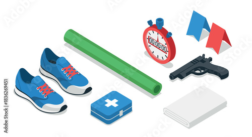 Isometric sports equipment with stopwatch and rifle for tactical training design
