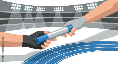 Relay race concept with hands exchanging baton on athletics track at sports stadium