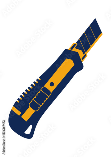 Utility knife illustration with a retractable blade for cutting and crafting on a black background