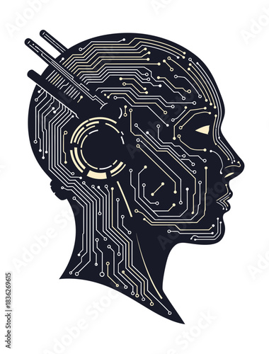 Artificial intelligence head silhouette with circuit patterns representing future technology 100 char