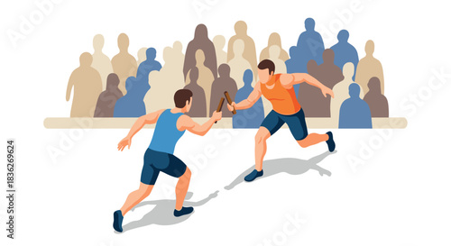 Relay race illustration with athletes passing baton in front of crowd