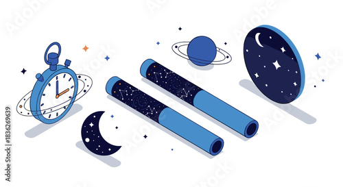 Cosmic exploration concept with telescopes and planets for astronomy design