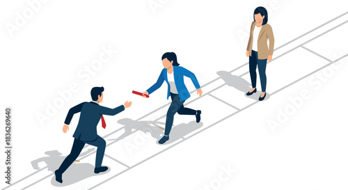Teamwork and leadership concept with business people passing baton in relay race for success