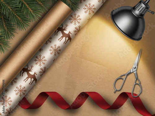 Overhead shot of Christmas gift wrapping essentials: rolls of festive paper, red ribbon, scissors, and a lamp, on a craft background.