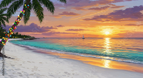A tropical Christmas scene with a palm tree decorated with colorful lights on a white sandy beach, overlooking a vibrant sunset over turquoise waters.