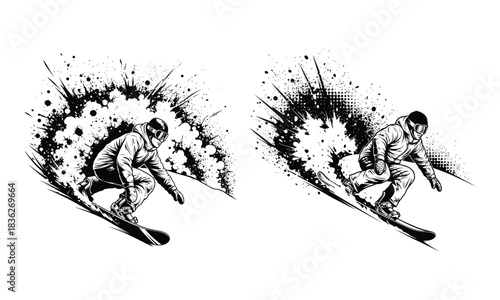 Dynamic snowboarder vector illustration, winter sports action with grunge elements.
