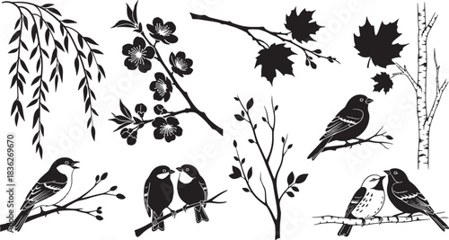 Ornate Sketch: Delicate bird perched among flourishing branches, a harmonious display of nature's elegant designs.