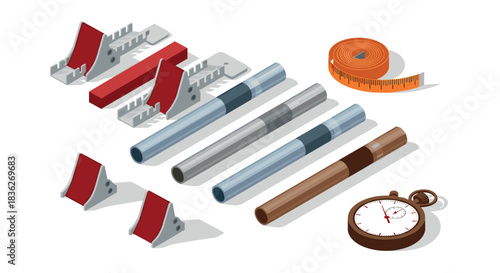 Construction equipment set including pipes, measuring tape, brackets, and stopwatch for engineering design