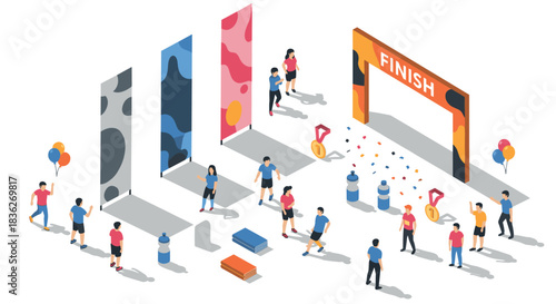 Marathon event isometric design with runners, finish line, and awards ceremony for promotional material