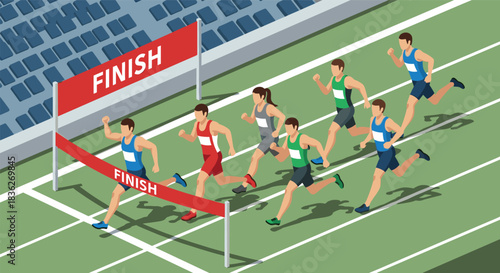 Competitive marathon runners sprinting to finish line in stadium conceptual vector illustration