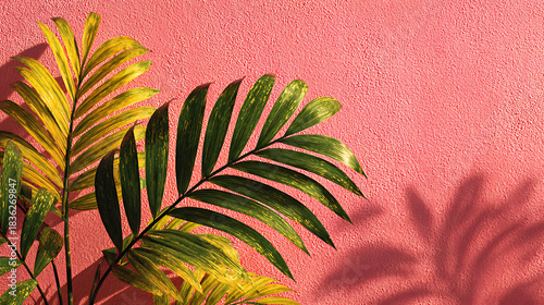 Tropical leaves against a pink wall creating shadows showcasing a botanical scene indoors