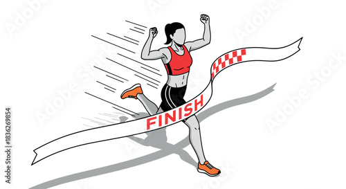 Dynamic female runner crossing finish line in athletic competition illustration