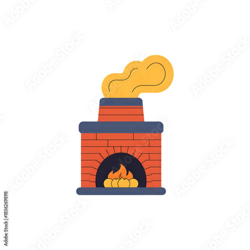Cozy brick fireplace with warm burning fire graphic