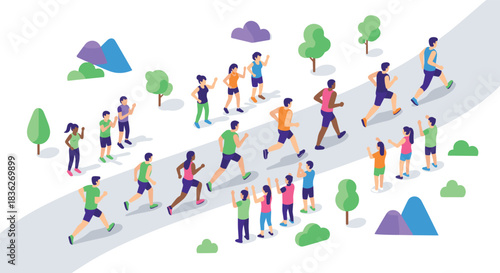 Community fun run in nature park with runners and supporters