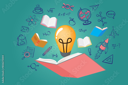 Seamless education background pattern with hand drawn science and math doodles on green chalkboard. Back to school texture for wallpaper, wrapping paper, and fabric design.