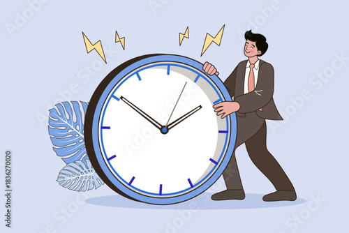 Professional businessman energetically pushing a giant clock to meet a deadline. A dynamic concept of effective time management, working under pressure, and optimizing corporate workflow productivity.