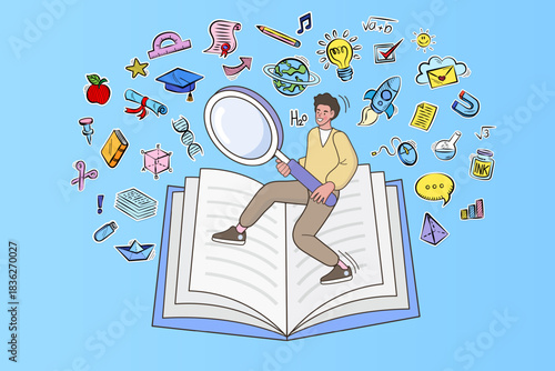 Man holding giant magnifying glass standing on open book with floating science doodle icons. Concept of academic research, searching for knowledge, discovery, and STEM learning education journey.