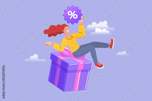 Happy woman sitting on big flying gift box holding percent sign in sky. Concept of discount sale promotion, loyalty program reward, special bonus offer, and shopping giveaway deal.