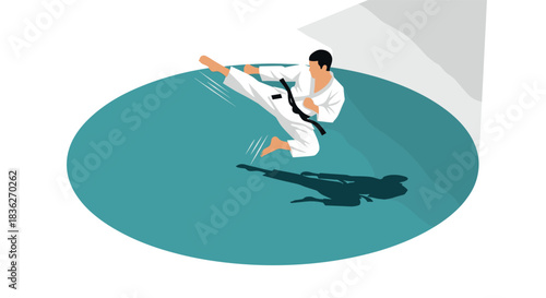 Martial arts enthusiast in action delivering a high kick for sports and fitness design