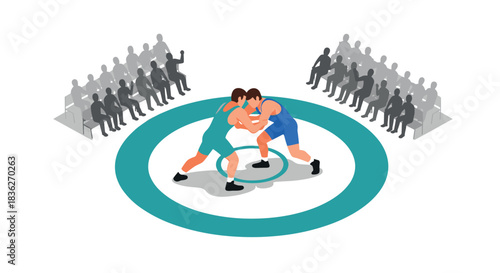 Wrestling match scene with spectators in arena - sports illustration for athletic event design