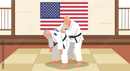 Martial arts training in dojo with american flag background