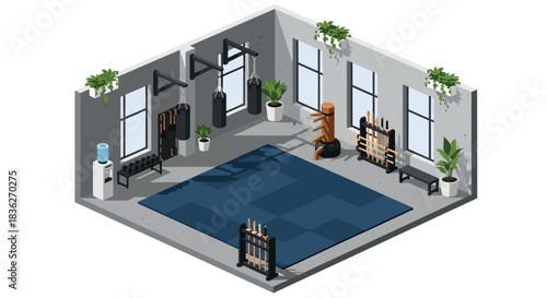 Modern gym interior with boxing equipment and yoga mats for fitness designs