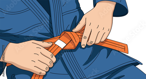 Martial arts focus on tying an orange belt in karate uniform for training and skill development