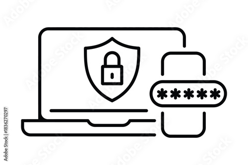 2FA two step authentication icon featuring martphone and laptop displaying push code message, strong secure login details, accurate password verification