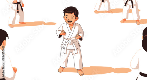 Happy young boy in karate class with fellow students practicing martial arts for learning and fitness