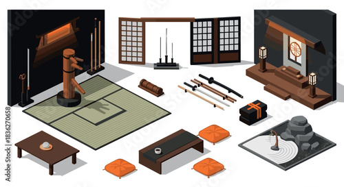 Japanese dojo interior elements with zen garden and samurai weapons for design projects