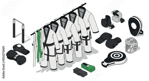 Martial arts equipment and attire with karate uniforms, belts, and training gear