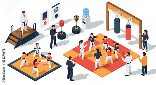 Isometric martial arts class training scene with instructors and students practicing karate techniques