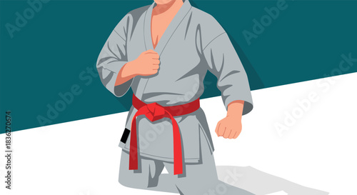 Karate practitioner in gi with red belt kneeling pose for martial arts design and training illustration
