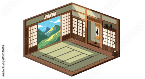 Tranquil japanese tea room with mountain view for interior design and cultural appreciation