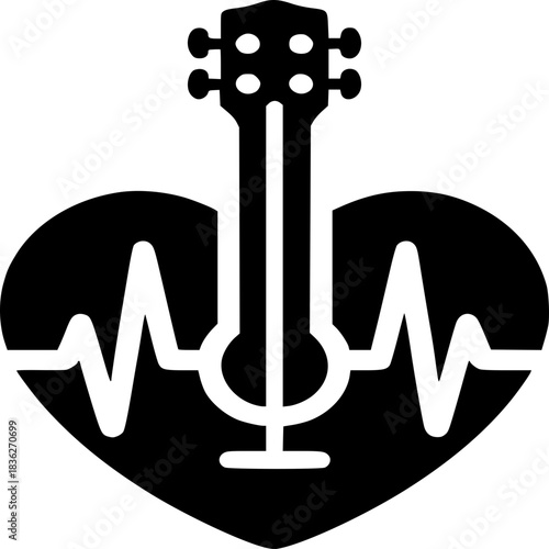 Music's Pulse: A graphic illustration of a guitar at the heart, symbolizing the heartbeat of music, where melody and rhythm unite, evoking the harmonious essence of sound.