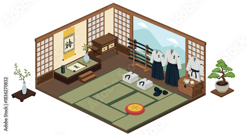 Traditional japanese dojo interior with tatami mats and kendo equipment