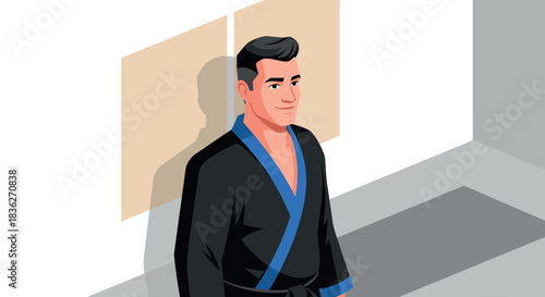 Confident man in modern black kimono standing in contemporary minimalist interior