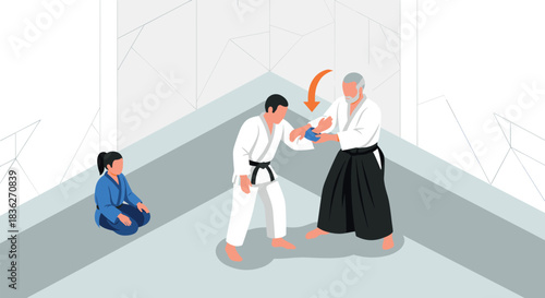 Martial arts training session with instructor demonstrating techniques and student observing