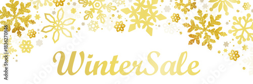 ゴールドの雪の結晶とWinterSale文字入り冬セールバナーデザイン | ベクター素材 バナー カード コピースペース