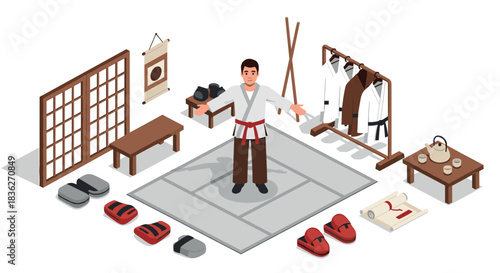 Traditional japanese martial arts training scene with karate equipment display for educational design