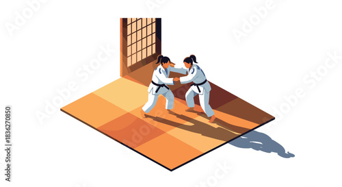 Martial arts training scene with two women practicing judo in a dojo setting, ideal for sports and wellness design