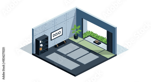 Isometric modern dojo interior with tatami mats and meditation area design for wellness spaces
