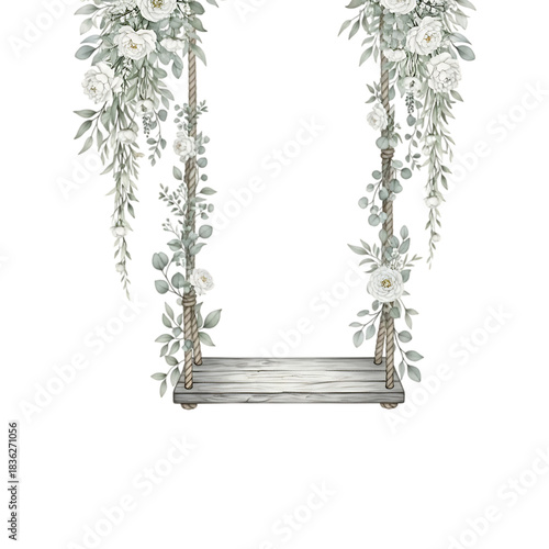 Romantic vintage wooden swing with white roses and green leaves illustration.